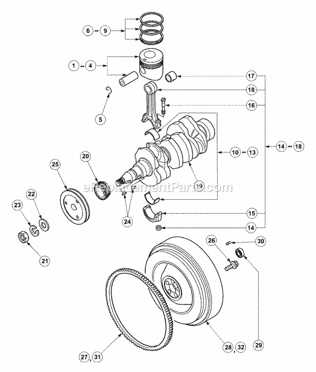 Crankshaft, Piston & Flywheel Diagram and Parts List for 7532 54AF44G-710, 54AH44G-710, 54AN44G-710 Cub Cadet Lawn Tractor